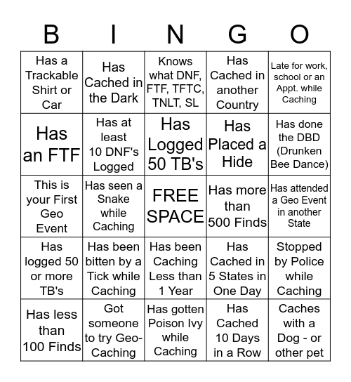 GEO-BINGO                                      Meet, Mix, Mingle and have other Cachers sign your Card. Fill card to Win. Each Cacher may sign 2 Boxes per Card. Bingo Card