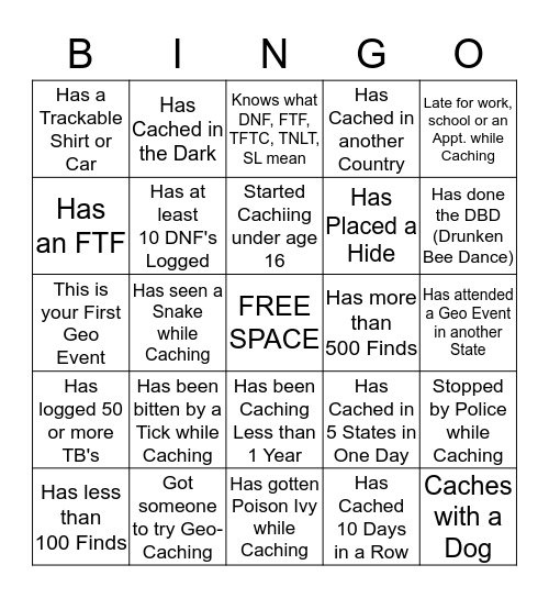 GEO-BINGO                                      Meet, Mix, Mingle and have other Cachers sign your Card. Fill card to Win. Each Cacher may sign 2 Boxes per Card. Bingo Card