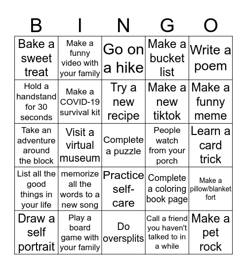 SC Club Gym Quarantine Bingo! Bingo Card