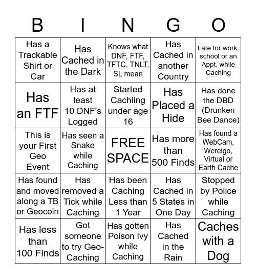 GEO-BINGO                                      Meet, Mix, Mingle and have other Cachers sign your Card. Fill card to Win. Each Cacher may sign 2 Boxes per Card. Bingo Card