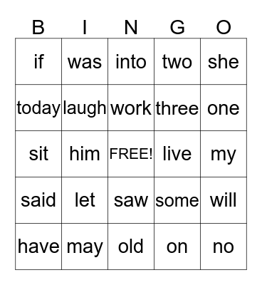 Dolch Word Bingo 61- 90 Bingo Card