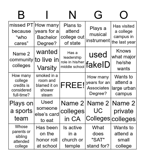 College Bound Bingo!  Bingo Card