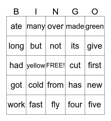 Dolch Word Bingo 91-120 Bingo Card