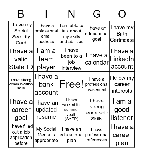 CAREER READINESS BINGO Card