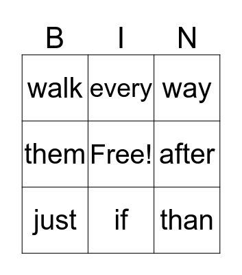 Sight Words Bingo Card