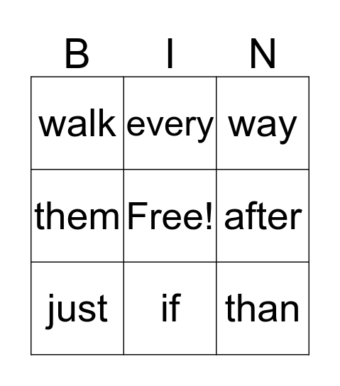 Sight Words Bingo Card