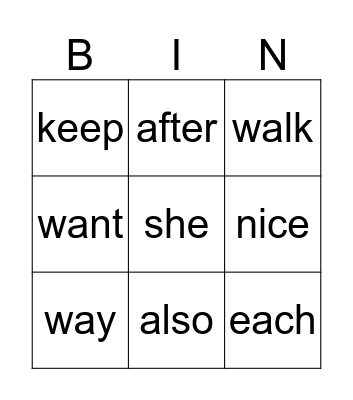 Sight Words Bingo Card