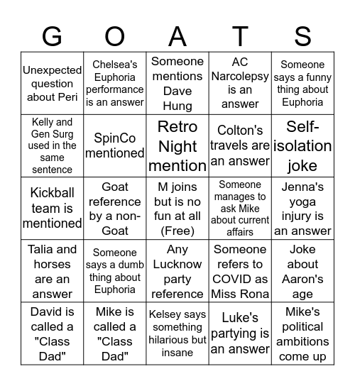Secret Goat Bingo Card