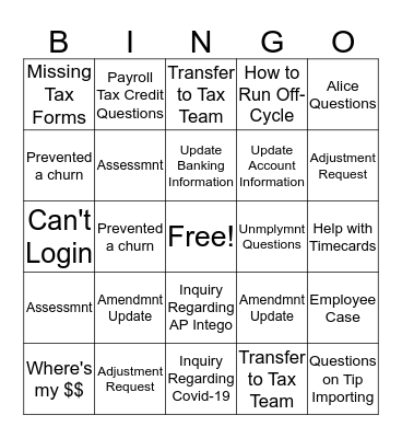 Payroll WFH Bingo Card