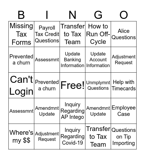 Payroll WFH Bingo Card