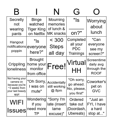 COVID-19 WFH Bingo Card