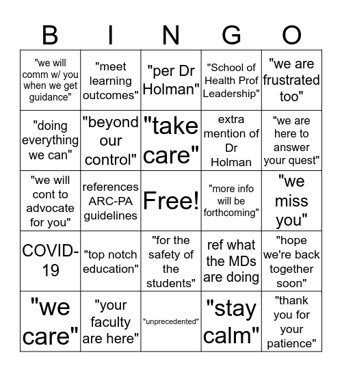 MPA 2020 Virtual Meeting Bingo Card