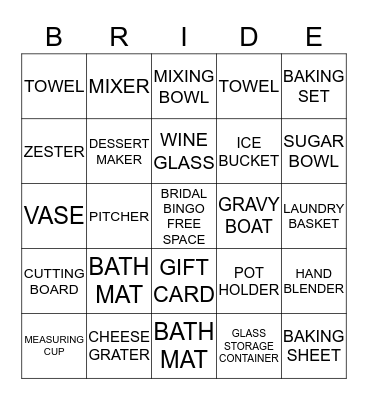 BRIDAL GIFT BINGO Card