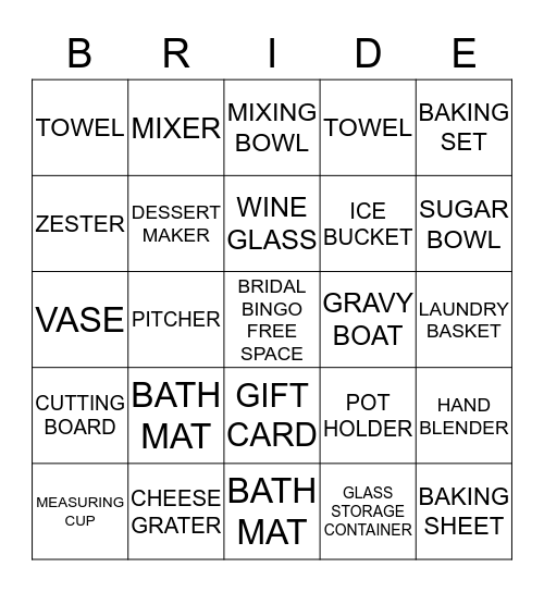 BRIDAL GIFT BINGO Card