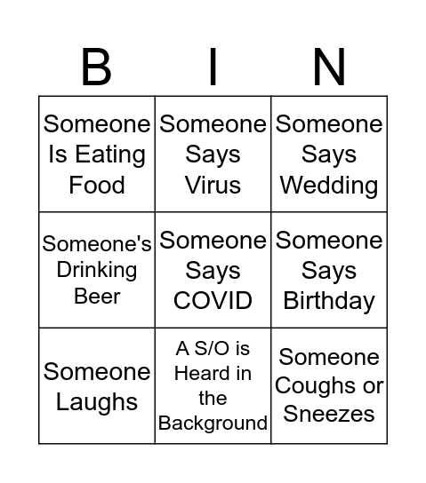 Virtual Happy Hour Bingo Card