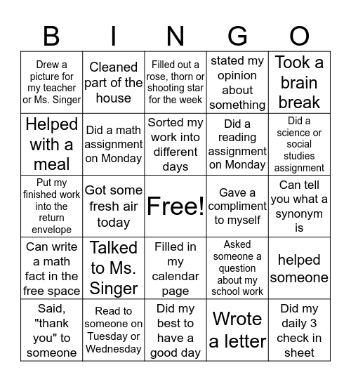Week 2 BINGO-Ms. Singer Bingo Card