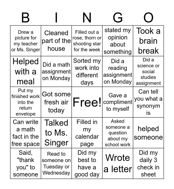 Week 2 BINGO-Ms. Singer Bingo Card