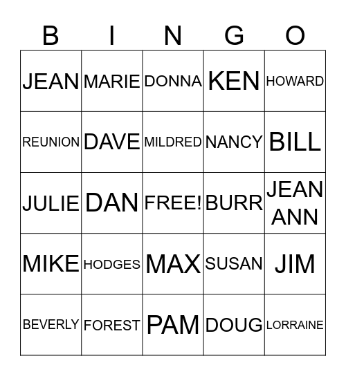 HODGES FAMILY REUNION Bingo Card