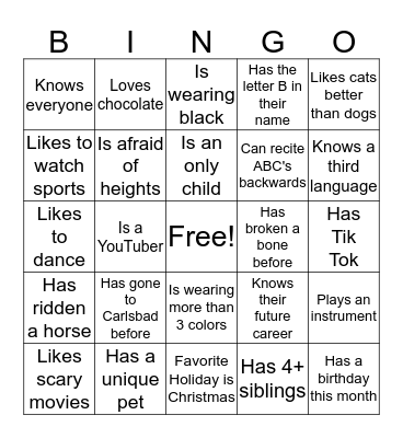 About Me Bingo Card