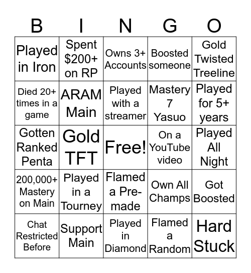 League of Legends Bingo Card