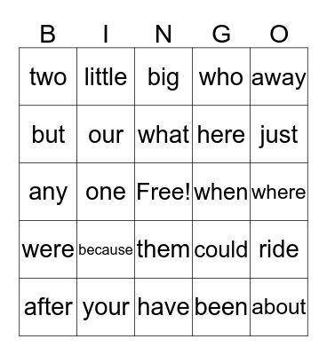 Sight Words Bingo Card