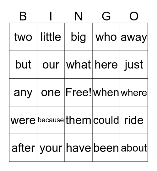 Sight Words Bingo Card