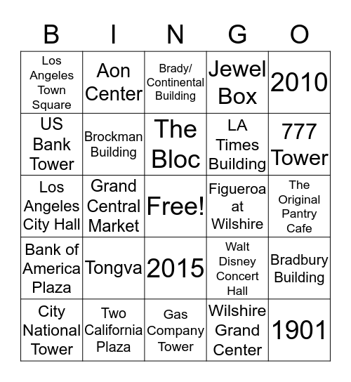 Downtown Los Angeles Family Trivia Bingo Card