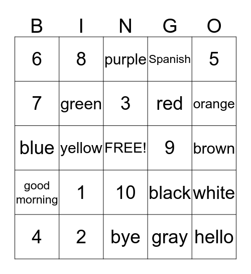 Numbers in Spanish Bingo Card