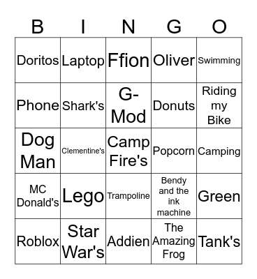 Oliver's 8th Birthday Bingo Card