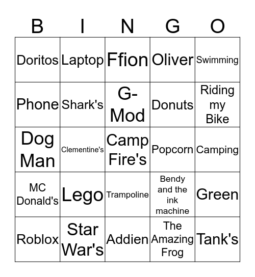 Oliver's 8th Birthday Bingo Card