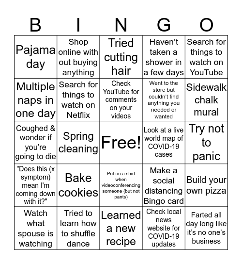 Social Distancing Bingo Card