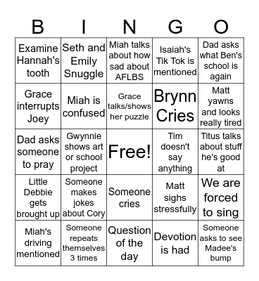 Family Bingo Card
