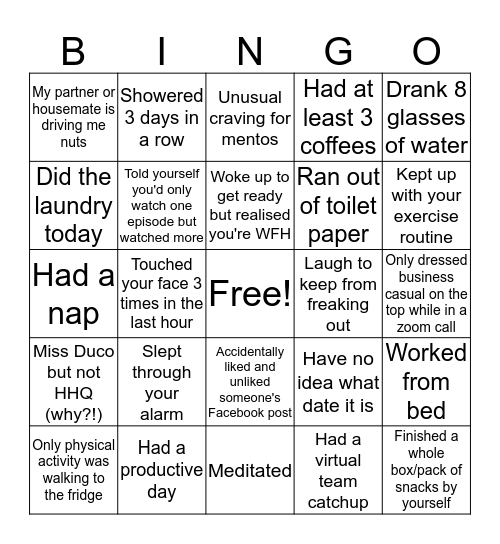 WFH Bingo Card