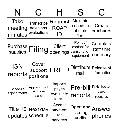 Reception, Registration, Records and Support Staff Bingo Card