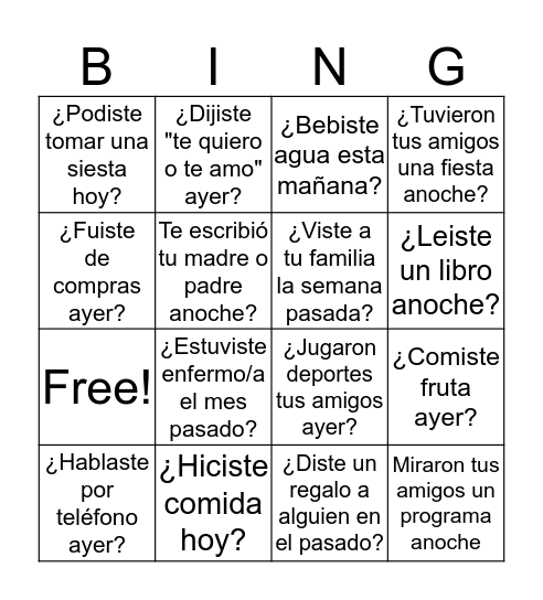 Preterite Practice Bingo Card