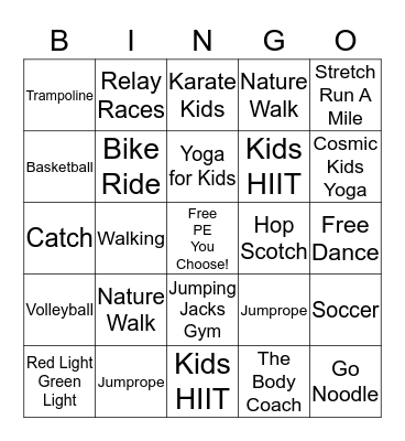 Physical Education Bingo 20 minutes per day/box Bingo Card