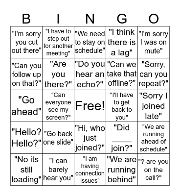 WEBEX and Conference Call Bingo Card