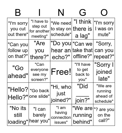WEBEX and Conference Call Bingo Card