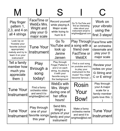 Orchestra BINGO Card