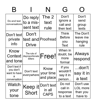 TEXTING BINGO Card