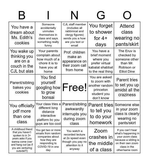 Yavneh Isolation Bingo Card