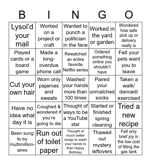 Quarantine Bingo Card