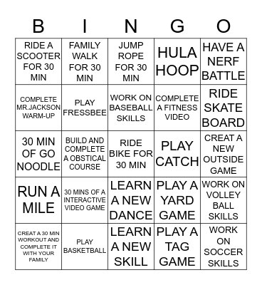 K-4TH GRADE P.E. BINGO BOARD Bingo Card