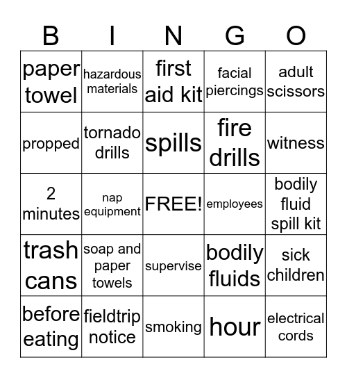 Child Care Do's and Dont's Bingo Card