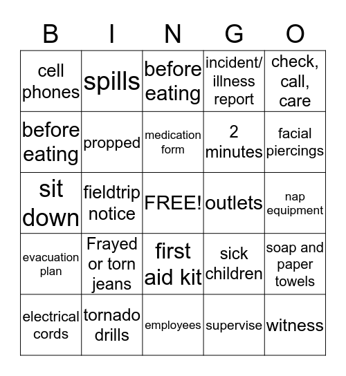 Child Care Do's and Don'ts Bingo Card