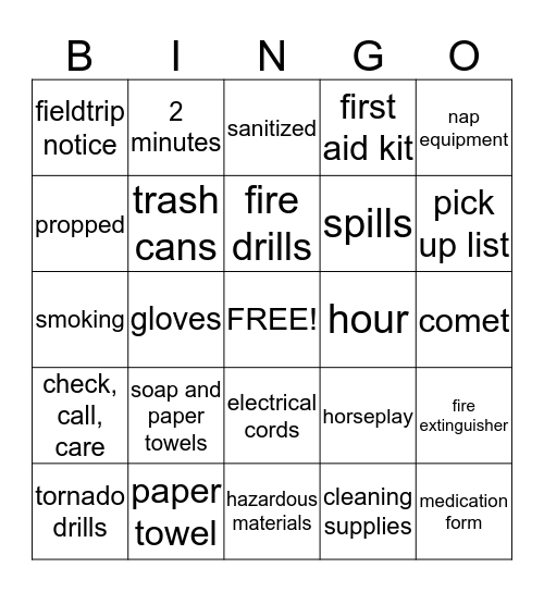 Child Care Do's and Dont's Bingo Card