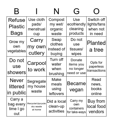 Aarohana's Sustainable Life Bingo Card