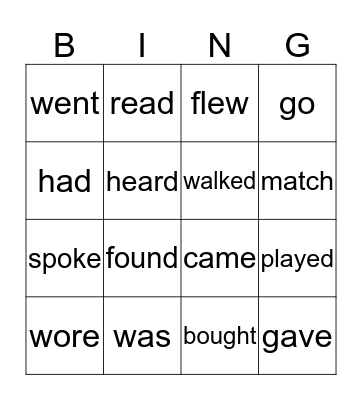 irregular past verbs Bingo Card
