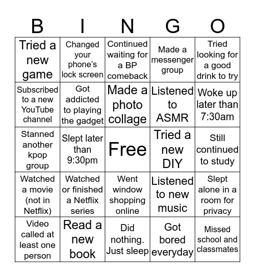 BINGO: Quarantine edition Bingo Card