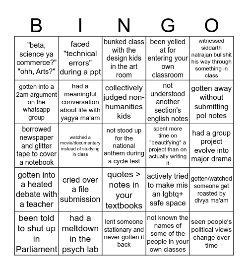 humanities bingo Card